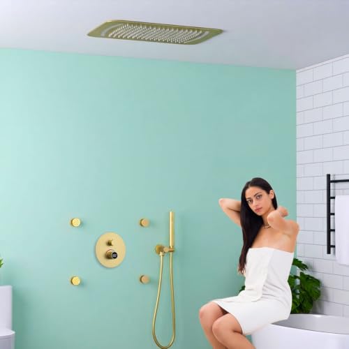 16x26" Rainfall Full Body Digital Shower System with LED Light Remote | Luxury Temperature Display Shower Faucet Set with 4 Body Jets & Dual Function Handheld Shower, Brushed Gold - color: Brushed Gold, style: 16x26"+4 jets