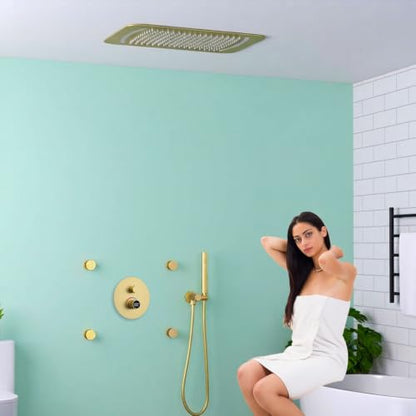 16x26" Rainfall Full Body Digital Shower System with LED Light Remote | Luxury Temperature Display Shower Faucet Set with 4 Body Jets & Dual Function Handheld Shower, Brushed Gold - color: Brushed Gold, style: 16x26"+4 jets