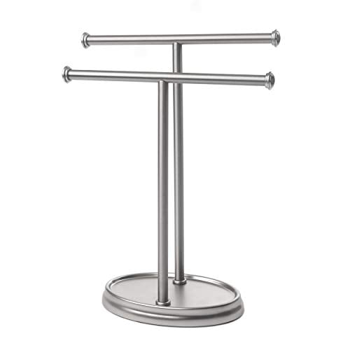 Umbra Palm Double Hand Towel Tree, Brushed Nickel 2 Towels Holder and Accessories Stand for Bathroom Vanities - Slim, Modern, Durable Bars With Base Serves as a Jewelry Tray for Rings, 4.25" Length x 10.5" Height x 3.75" Width, Model:021019-410