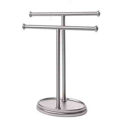 Umbra Palm Double Hand Towel Tree, Brushed Nickel 2 Towels Holder and Accessories Stand for Bathroom Vanities - Slim, Modern, Durable Bars With Base Serves as a Jewelry Tray for Rings, 4.25" Length x 10.5" Height x 3.75" Width, Model:021019-410