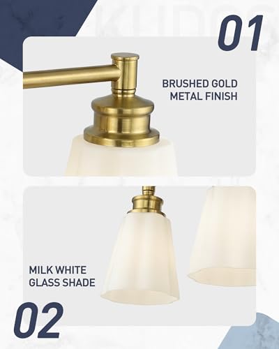 kudos 3-Light Brushed Gold Vanity Light, Milk White Glass Shade | 19" bathroom light fixtures over mirror, upward or downward, E26 base, bulbs not included, Hardwired, KDVL17-GD-ML-3 - size: 3-Light