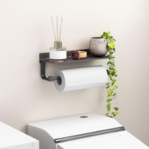 Kitchen Paper Towel Holder with Shelf Wall Mount, Adhesive Hand Towel Holder for Bathroom, Matte Grey - color: Gray