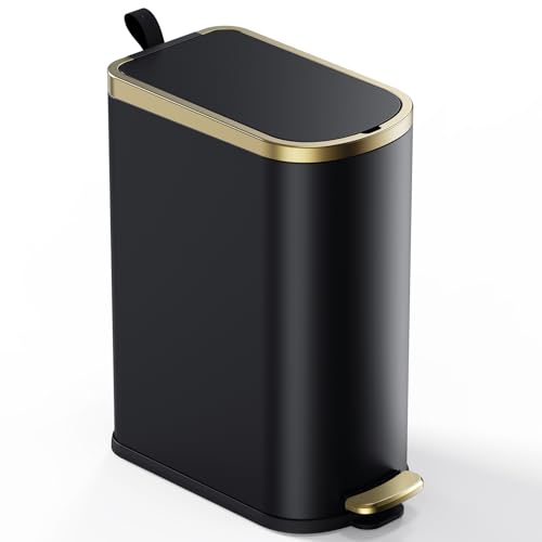 CEROELDA Small Bathroom Trash Can with Lid Soft Close-10L/2.6 Gal Slim Garbage Can-Metal Step Wastebasket-Rectangle Narrow Waste Bin for Office, Bedroom, Toilet, Live Room (Black) - color: Black, size: 2.6 Gallon