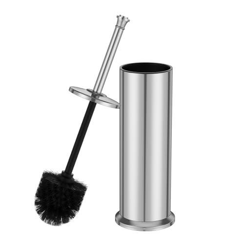 Silver Toilet Brush and Holder，Long Handled Gold Toilet Brush for Bathroom，Stainless Steel Heavy Duty Toilet Bowl Brush,Removable Inner Bowl,Deep Cleaning Dense Bristles Cleaner Brush -Space Saving - color: Silver