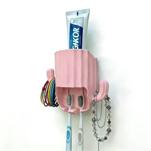 Kids Toothbrush Holder Wall Mount, Cute Cactus (Light Pink) | Bathroom Organizer, PP Cactus Holder, Toothbrush Toothpaste Hair Tie Accessories,Multi-Function Organizer - color: Pink