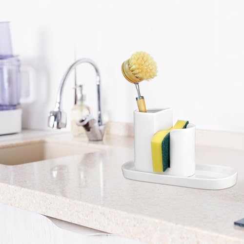 3 in 1 Ceramic Kitchen Sink Caddy Dish Sponge Holder Scrub Brush Holder and Soap Tray for Kitchen Organizer White Rustic Farmhouse Supplies(White) - color: white