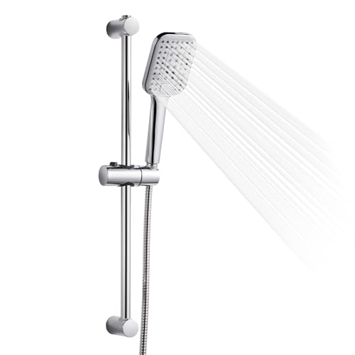 OFFO Shower Slide Bar Combo, Adjustable 21 in Slide Bar with 3-Mode Square Handheld Shower Head and 60 in Stainless Steel Hose, Screw Wall Mounted, Chrome Finish - style: Square 21" Slide Bar & 60" Hose