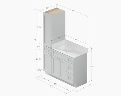 51" Bathroom Vanity with Linen Storage Tower and 4 Drawers, Carrara Quartz Top and Ceramic Sink, Left or Right Tower Option, Solid Wood Frame, 52" x 22" x 72" (Gray, Left Tall Cabinet) - color: Grey