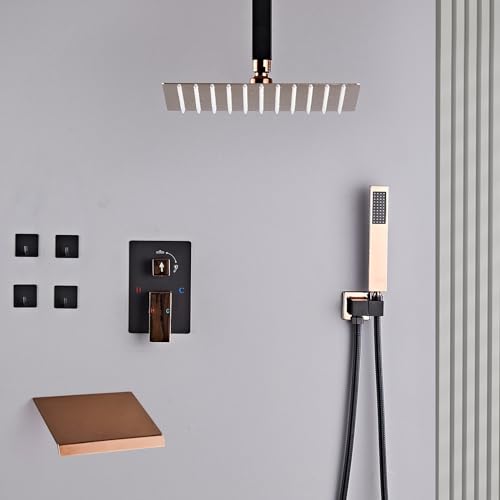 12 Inch Ceiling Mount Shower System Matte Black Gold Rain Mixer Shower Combo Set High Pressure Rainfall Shower Head System Bathroom Luxury Shower Faucet Set Rough-in Valve and Trim Included - color: Matte Black & Gold, style: 12 Inch-Update Valve