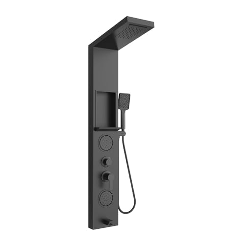 ELLO&ALLO Shower Panel System Tower with Shelf, Rainfall and Waterfall Head Rain Massage Stainless Steel Bathroom Fixtures with Adjustable Body Jets, Black - color: Black