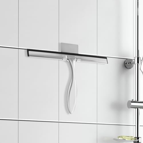 Shower Squeegee with Hook Holder, Easy to Install, Stainless Steel Bath Squeegee, Efficient Bathroom Household Cleaner Tool, Silver Shower Squeegee, Lightweight Bath Squeegee for Windows