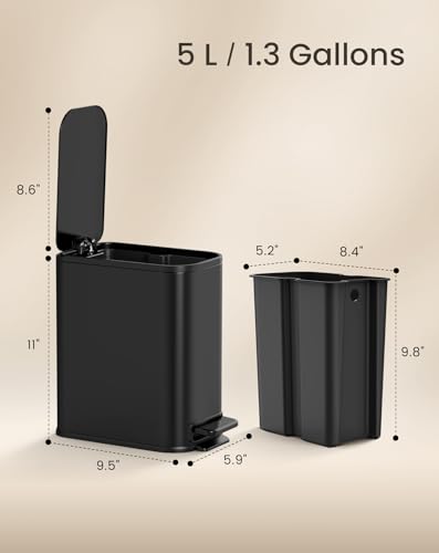 Cesun Small Black Bathroom Trash Can with Lid Soft Close & Pedal, 1.3 Gal | Removable Inner Bucket, Slim Stainless Steel Garbage Can for Bedroom/Office, Included 5 Trash Bags, Hidden Bag, Built to Last - color: Black