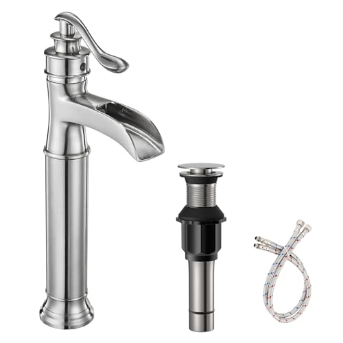 Bathroom Vessel Sink Faucet Waterfall Faucet for Sink 1 Hole | Pop Up Drain None Overflow and Supply Lines Included,Deck Mount,Tall Bowl Sink,Ceramic Cartridge,Solid Brass,Brushed Nickel - color: Brushed Nickel