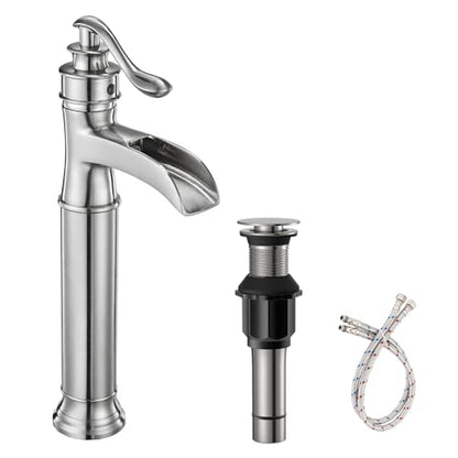 Bathroom Vessel Sink Faucet Waterfall Faucet for Sink 1 Hole | Pop Up Drain None Overflow and Supply Lines Included,Deck Mount,Tall Bowl Sink,Ceramic Cartridge,Solid Brass,Brushed Nickel - color: Brushed Nickel