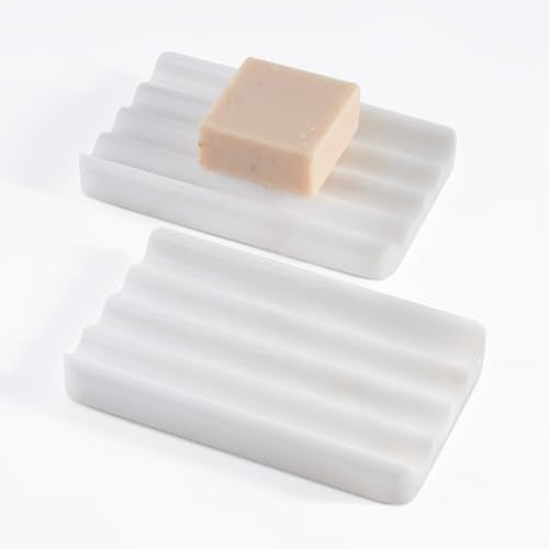 2 Pcs Soap Holder for Bathroom, Marble Soap Dish for Kitchen Countertop, Soap Tray with Creative Wavy Design, Soap Saver for Bath Tub, Sponges, African Natural Stone(Namib Bianco) - color: Namib Bianco