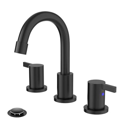 8 Inch 3-Hole Matte Black Widespread Bathroom Sink Faucet with Valve and Metal Pop-Up Drain Assembly, 2-Handle Low-Arch Bathroom Faucets Three Hole, WF15-1-MB