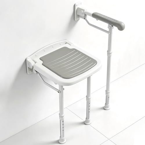 Folding Shower Seat with Adjustable PU Grab Bar, 550lbs Heavy Duty Fold Down Bath Bench with Legs, Non-Slip Comfort Grip and Removable Cushion, Wall Mounted Chairs for Seniors - size: Shower Seat+Grab Bar+Legs