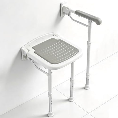 Folding Shower Seat with Adjustable PU Grab Bar, 550lbs Heavy Duty Fold Down Bath Bench with Legs, Non-Slip Comfort Grip and Removable Cushion, Wall Mounted Chairs for Seniors - size: Shower Seat+Grab Bar+Legs