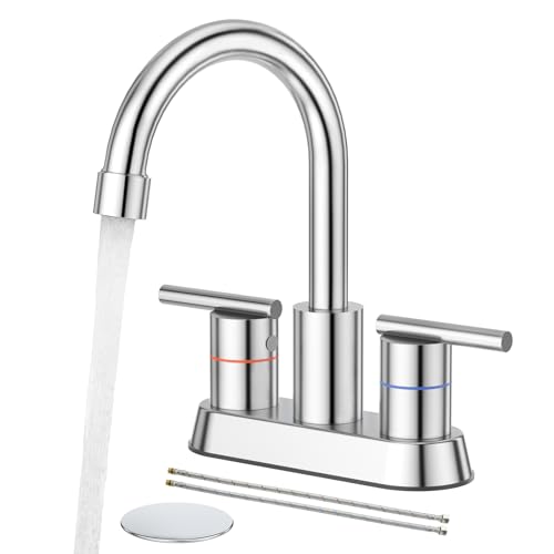 Faustina Polished Chrome Bathroom Faucet, 4 Inch Centerset Bathroom Faucet for Sink 2 Holes 3 Holes，Two Handles 304 Stainless Steel Faucet with Pup up Drain and 2 Water Supply Lines for RV Vanity - color: Chrome, style: Modern Centerset