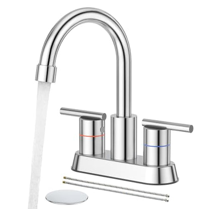 Faustina Polished Chrome Bathroom Faucet, 4 Inch Centerset Bathroom Faucet for Sink 2 Holes 3 Holes，Two Handles 304 Stainless Steel Faucet with Pup up Drain and 2 Water Supply Lines for RV Vanity - color: Chrome, style: Modern Centerset