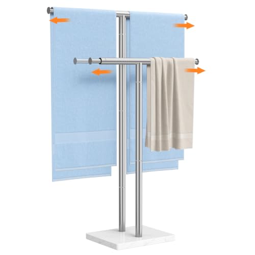 ELYKEN Standing Towel Rack for Bathroom, Adjustable 2-Tier Towel Stand | Weighted Marble Base, Brushed Stainless Steel, Freestanding Design, Holds Bath Towels, Rust Resistant, Ideal for Bathroom - size: 2 Tiers
