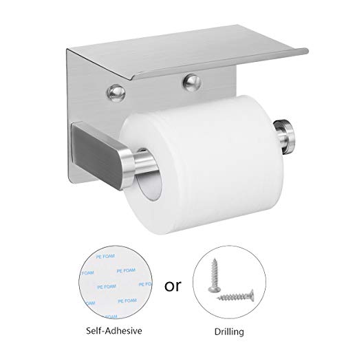 VAEHOLD Self Adhesive Toilet Paper Holder with Phone Shelf Stainless Steel Wall Mounted Toilet Paper Roll Holder - Rustproof and Bathroom Washroom Tissue Roll Holder with Storage Shelf - Silver - color: Silver