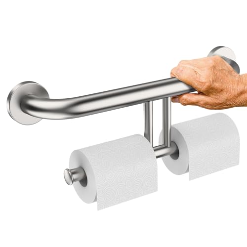 Brushed Nickel Grab Bar with Double Toilet Paper Roll Holder | Stainless Steel Toilet Grab Rail 17 Inch, Handicap Support Bar, Wall Mounted Bathroom Handle for Senior Elderly Injured - color: toilet paper grab bar - brushed nickel, size: 17 inch