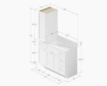 51" Bathroom Vanity with Linen Storage Tower and 4 Drawers, Carrara Quartz Top and Ceramic Sink, Left or Right Tower Option, Solid Wood Frame, 52" x 22" x 72" (White, Left Tall Cabinet) - color: White