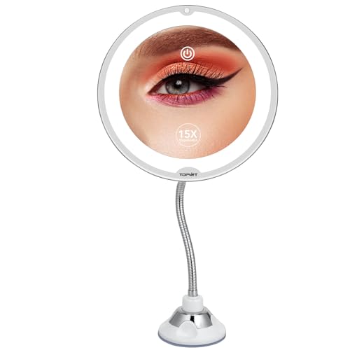 Flexible 15X Magnifying Suction Mirror - Dimmable LED Vanity Mirror, Power Suction Cup, Portable for Home Bathroom - Ideal for Detailed Makeup Eyeshadow Eyeliner (Large)