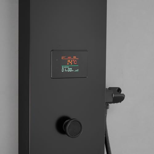 BWE Shower Panel Tower System LED Light Temperature Display 6-Function Stainless Steel shower system with Rainfall Waterfall Massage Body Jets Tub Spout and Handheld Shower, Matte Black