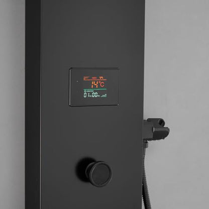 BWE Shower Panel Tower System LED Light Temperature Display 6-Function Stainless Steel shower system with Rainfall Waterfall Massage Body Jets Tub Spout and Handheld Shower, Matte Black