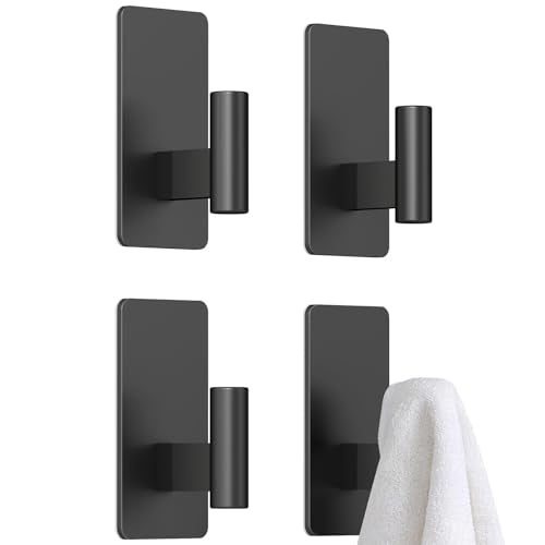 Wall Hooks Adhesive for Hanging Coat, Towel, Robe, Backpack, Black Heavy Duty Sticky Hooks for Bathroom, Door, Closet, 4 Pack