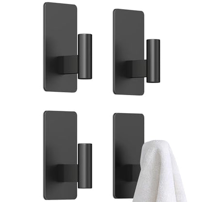 Wall Hooks Adhesive for Hanging Coat, Towel, Robe, Backpack, Black Heavy Duty Sticky Hooks for Bathroom, Door, Closet, 4 Pack