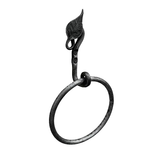 Living Ideas Hand Forged Metal Leaf Wall Mounted Hand Towel Holder Modern Farmhouse Kitchen or Bathroom Heavy Duty Towel Ring Holder Black Antique Finish Wrought Iron