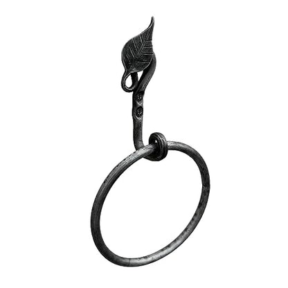 Living Ideas Hand Forged Metal Leaf Wall Mounted Hand Towel Holder Modern Farmhouse Kitchen or Bathroom Heavy Duty Towel Ring Holder Black Antique Finish Wrought Iron