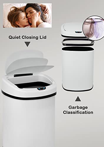 13 Gallon/50 L Kitchen Trash Can with Lid, Stainless Steel Garbage Can with Touch-Free Lid, Cute Trash Can Automatic Trash Can Bathroom Trash Can with Lid, Motion Sensor Trash Can Brushed Finish - color: White