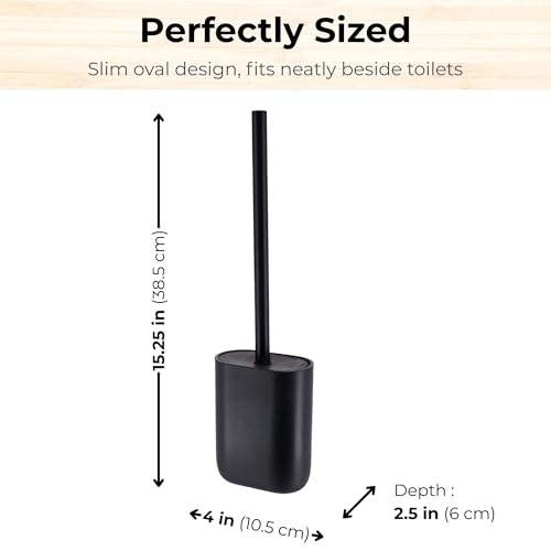 Oval Toilet Brush & Holder Set, Steel Handle, Japandi Decor, Compact, Black | Polyresin, Toilet cleaning, Daily hygiene, Guest bathroom, Small spaces, Hygienic Discreet Holder, Easy to Clean - color: Black