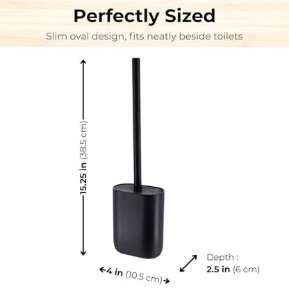 Oval Toilet Brush & Holder Set, Steel Handle, Japandi Decor, Compact, Black | Polyresin, Toilet cleaning, Daily hygiene, Guest bathroom, Small spaces, Hygienic Discreet Holder, Easy to Clean - color: Black
