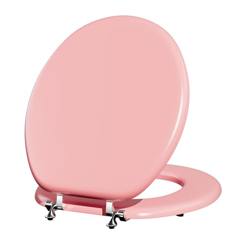 Round Wood Toilet Seat, Heavy Duty Wood Toilet Seat with Baked Enamel Process for Home Bathroom, Support 400 lbs. Pink Toilet Lid with Chrome Hinges, Grip-Tight Bumpers, Easy to Clean and Install - color: Pink, size: Round Non-Slow Close