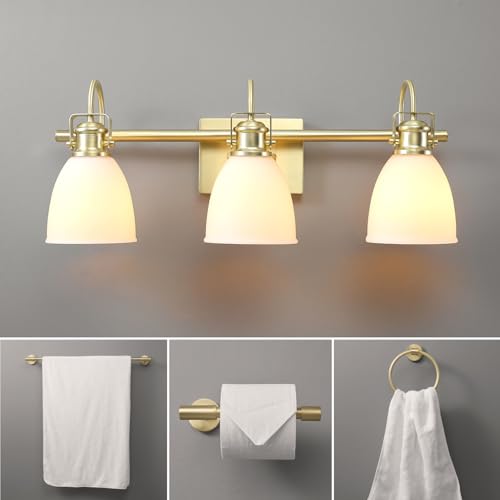 Globe Electric 4-Piece All-in-One Bathroom Set, Matte Brass, 3-Light Vanity Light with Frosted Opal Glass Shades, Towel Bar, Toilet Paper Holder, Towel Ring - color: Matte Brass, Frosted Opal Glass