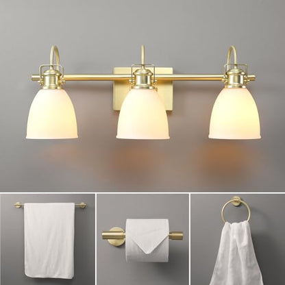 Globe Electric 4-Piece All-in-One Bathroom Set, Matte Brass, 3-Light Vanity Light with Frosted Opal Glass Shades, Towel Bar, Toilet Paper Holder, Towel Ring - color: Matte Brass, Frosted Opal Glass