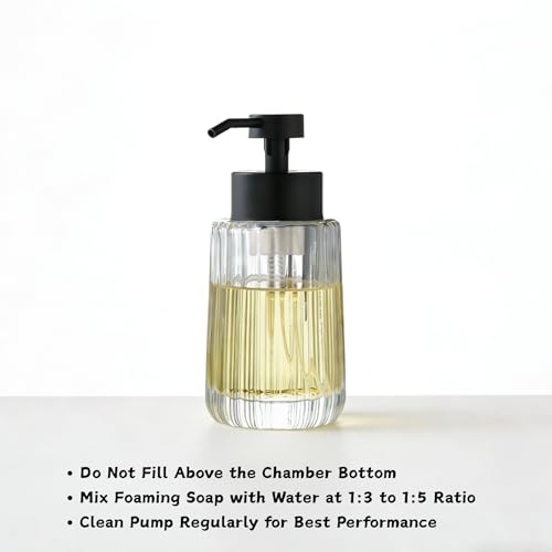 Easy Tang Glass Foaming Soap Dispenser with Black Pump, 12 OZ Vintage-Inspired Modern Glass Refillable Bottle, Hand Soap for Bathroom Countertop and Kitchen