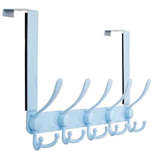 Dseap Over The Door Hook Hanger - Fits 1 3/8" to 1 3/4" Standard Doors | 5 Tri Hooks Heavy Duty Towel/Coat Rack | Door Organizer for Clothes, Jackets, Hats, Towels, Blue - color: Blue