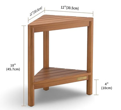 Fully Assembled Teak Corner Bath Shower Storage Stand, Bathroom Bench with Storage Shelf 18"