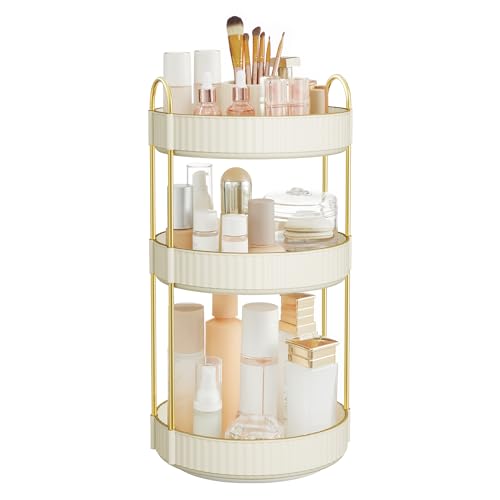 SONGMICS Makeup Organizer, 3-Tier Countertop, Customizable, Cloud White | Customizable skincare organizer countertop, round rotating, toiletries vanity organizer, lazy susan, gift UJKA011W01 - color: Cloud White, style: Round