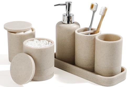 Bathroom Accessories Set, 6-Piece Bathroom Accessory Set, Toothbrush Holders Set, Soap Dispenser, Vanity Tray, Tumbler, Cotton Swab Jars, Bathroom Organizer for Modern Bathrooms(Beige) - color: Beige
