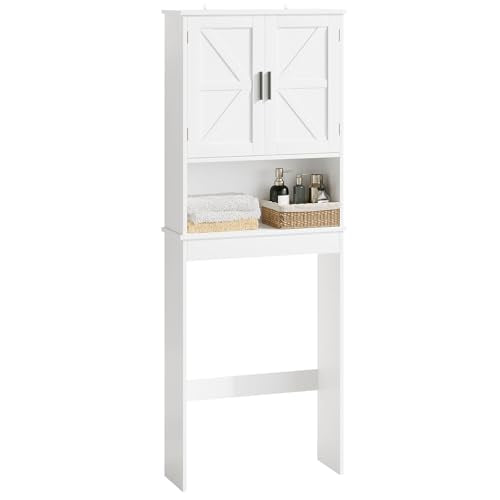 Over the Toilet Storage Cabinet with Double Doors, White Bathroom Storage Cabinets Above Toilet with Adjustable Shelf, Slim Narrow Toilet Rack for Bathroom, White (Engineered Wood)