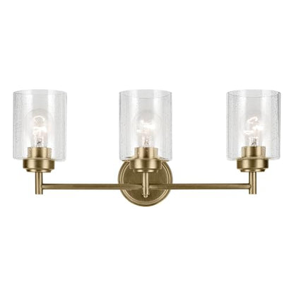 Kichler Winslow 3-Light Farmhouse Vanity Light, Natural Brass | Clear seeded glass vanity light with industrial styling (21.5" x 9.25"), 45886NBR - color: Natural Brass, size: 21.5"