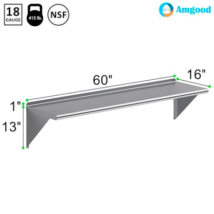 AmGood 16 in. x 60 in. Stainless Steel Wall Shelf | NSF | Metal Shelving | Garage, Laundry, Storage, Utility Room | Restaurant, Commercial Kitchen - size: 16 in. x 60 in.