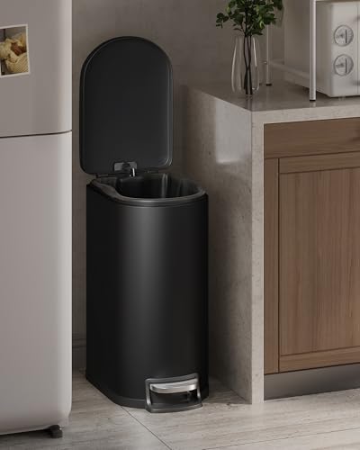 Garvee 13 gal / 50 L Metal Kitchen Trash Can with Lid, Slim Rustproof Garbage Can, Large Step-on Trash Bin with Inner Bucket, Rear Handle, Soft Close Lid, Black - color: Black, size: 13.2 Gallons
